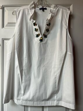 Talbots White Sleeveless Ruffle Neck Shell with Jewel Embellishment